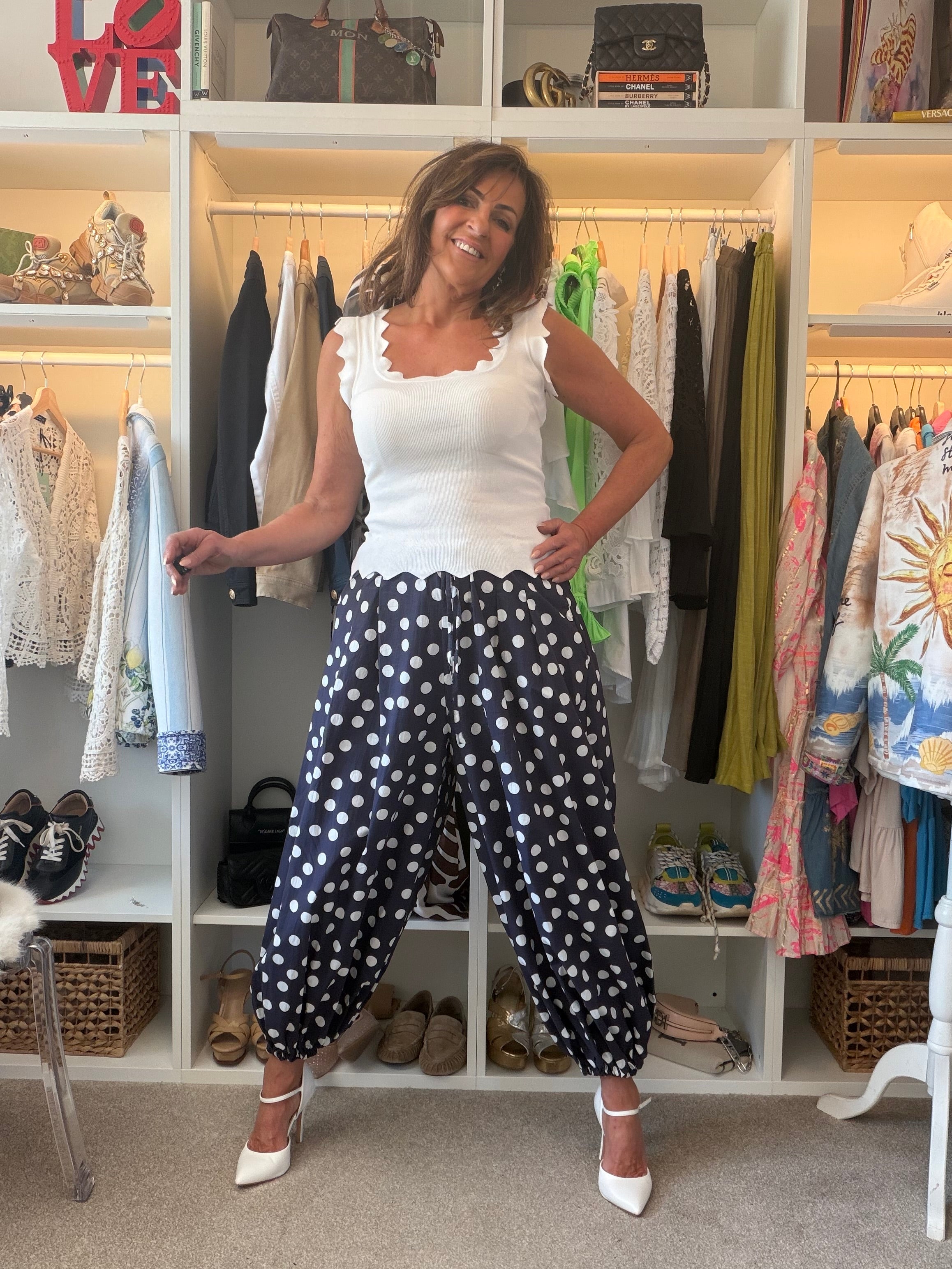 DOTTY blue polka dot trousers and white polka dots! From the Santorini collection.