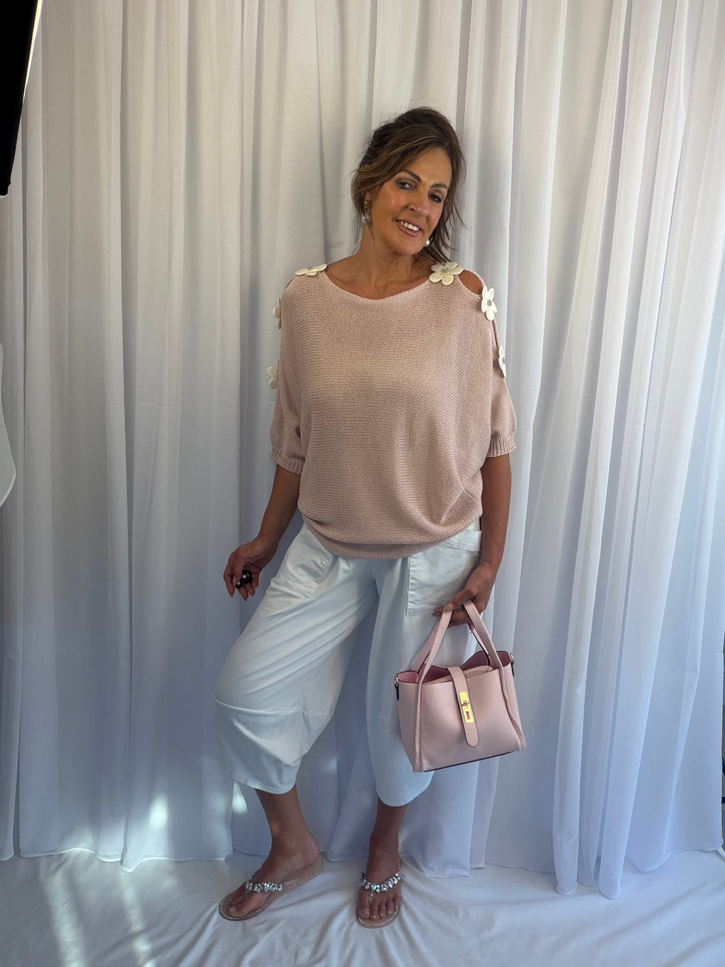 Daisy diamante luxe khaki or pink Cold-shoulder knit