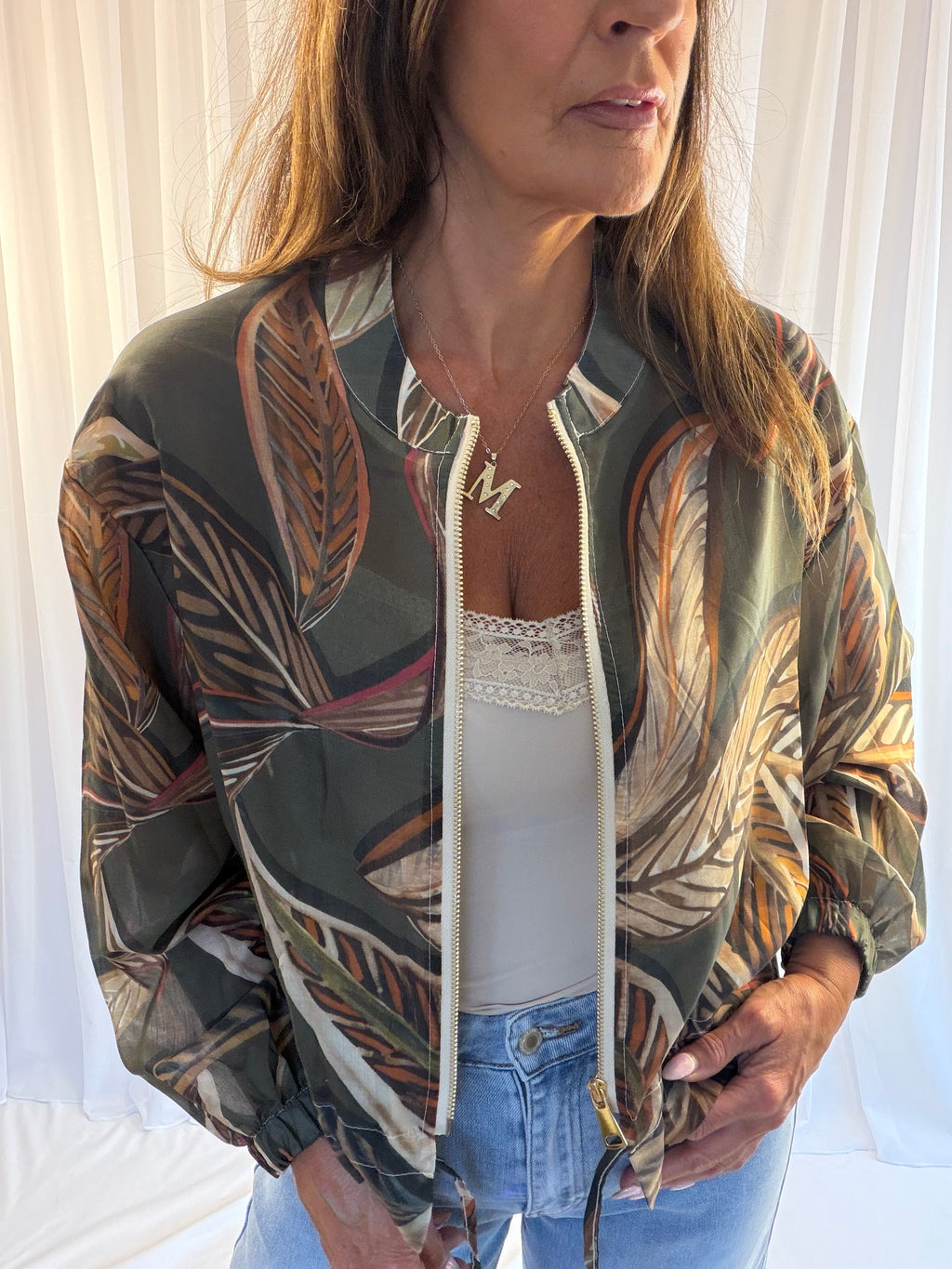 Tropical palm leaf bomber jacket
