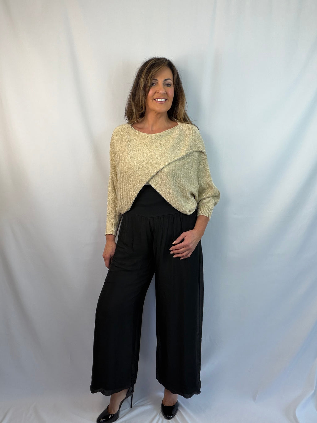 Gold luxe cross over knit