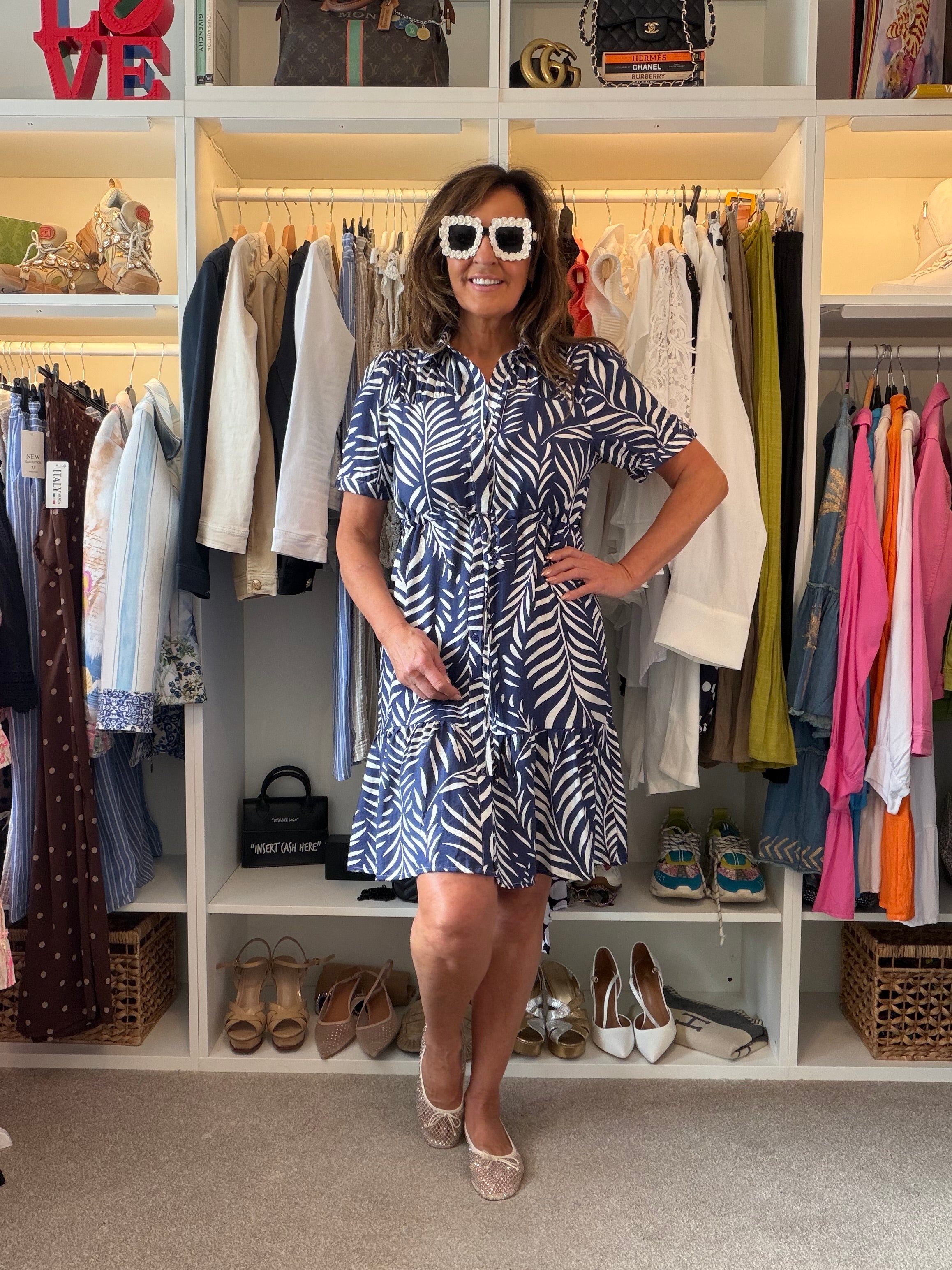 Azure Palm leaf shirt dress
