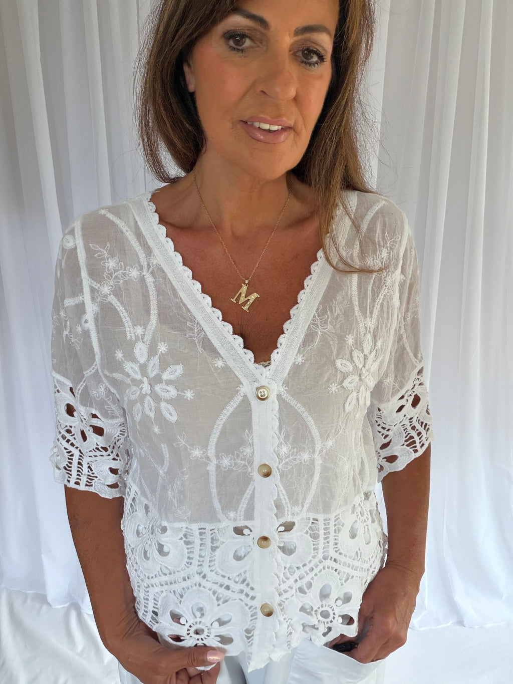 Olivia broderie anglais button down top