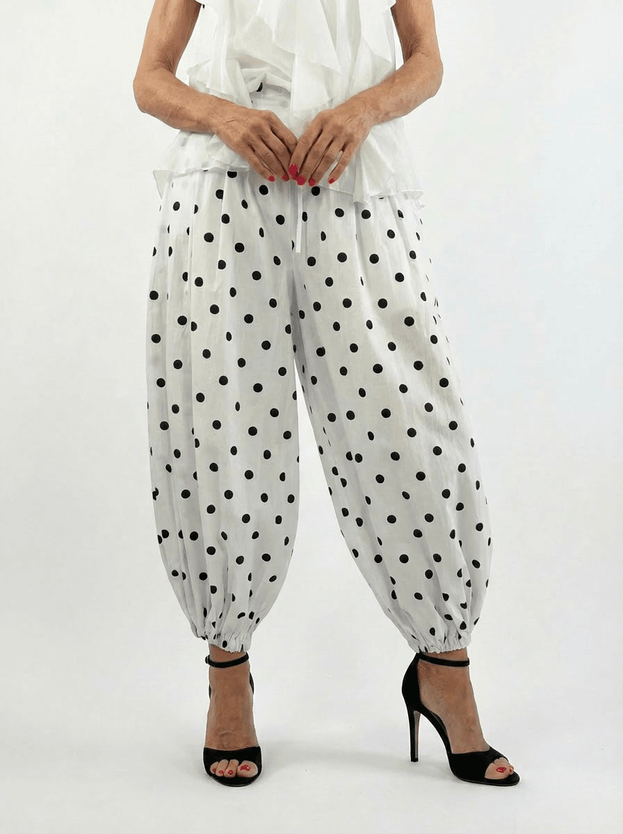 DOTTY blue polka dot trousers and white polka dots! From the Santorini collection.