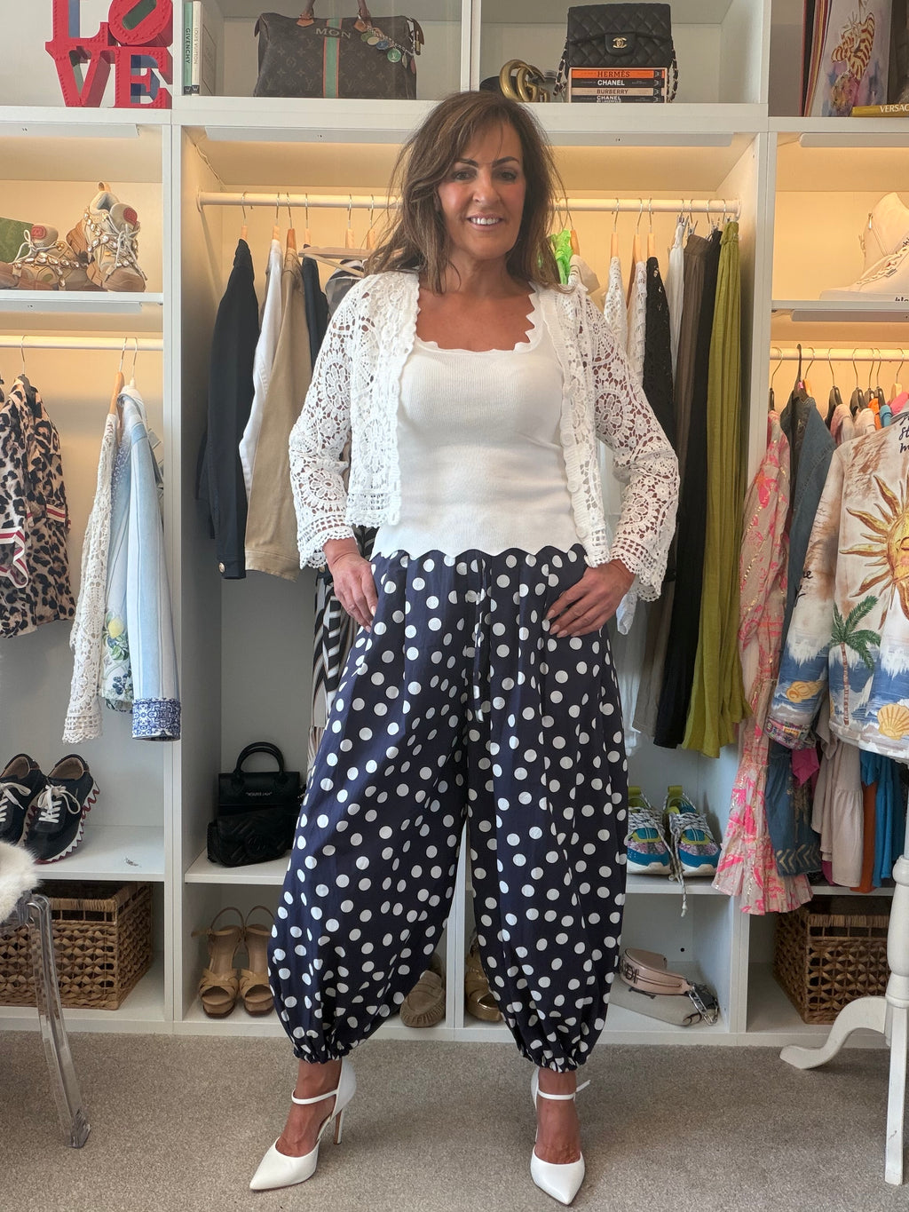 DOTTY blue polka dot trousers and white polka dots! From the Santorini collection.