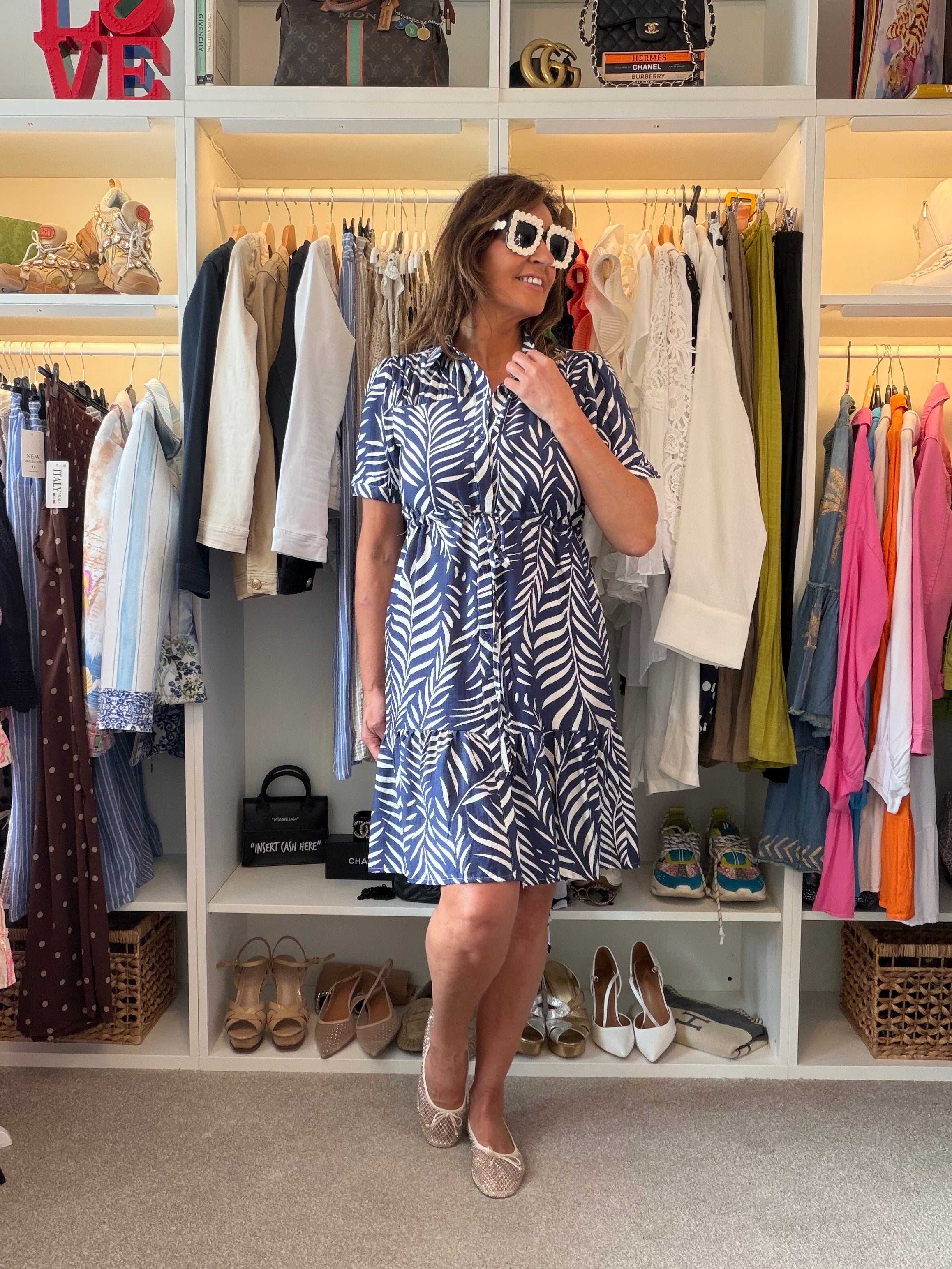 Azure Palm leaf shirt dress