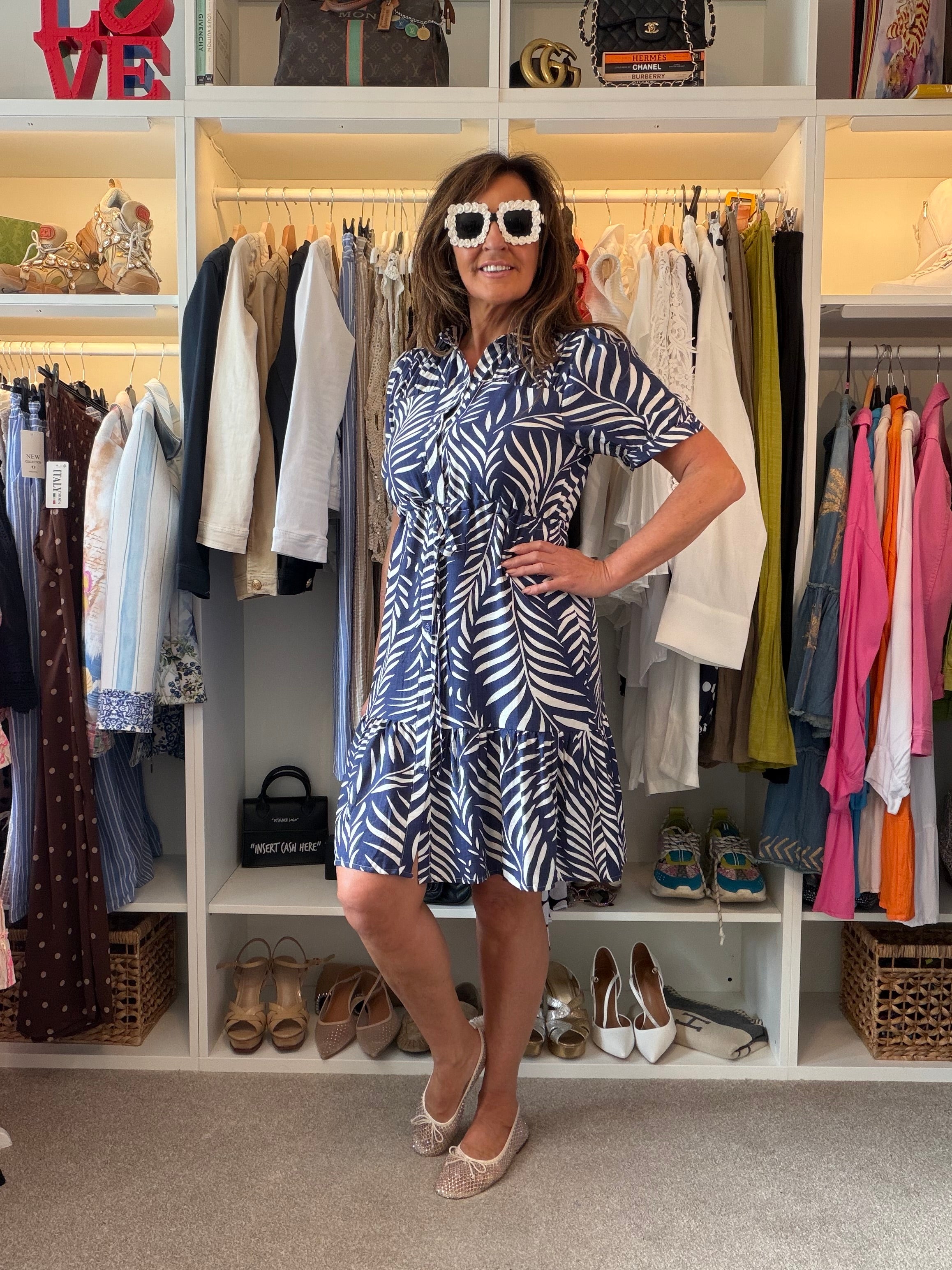 Azure Palm leaf shirt dress