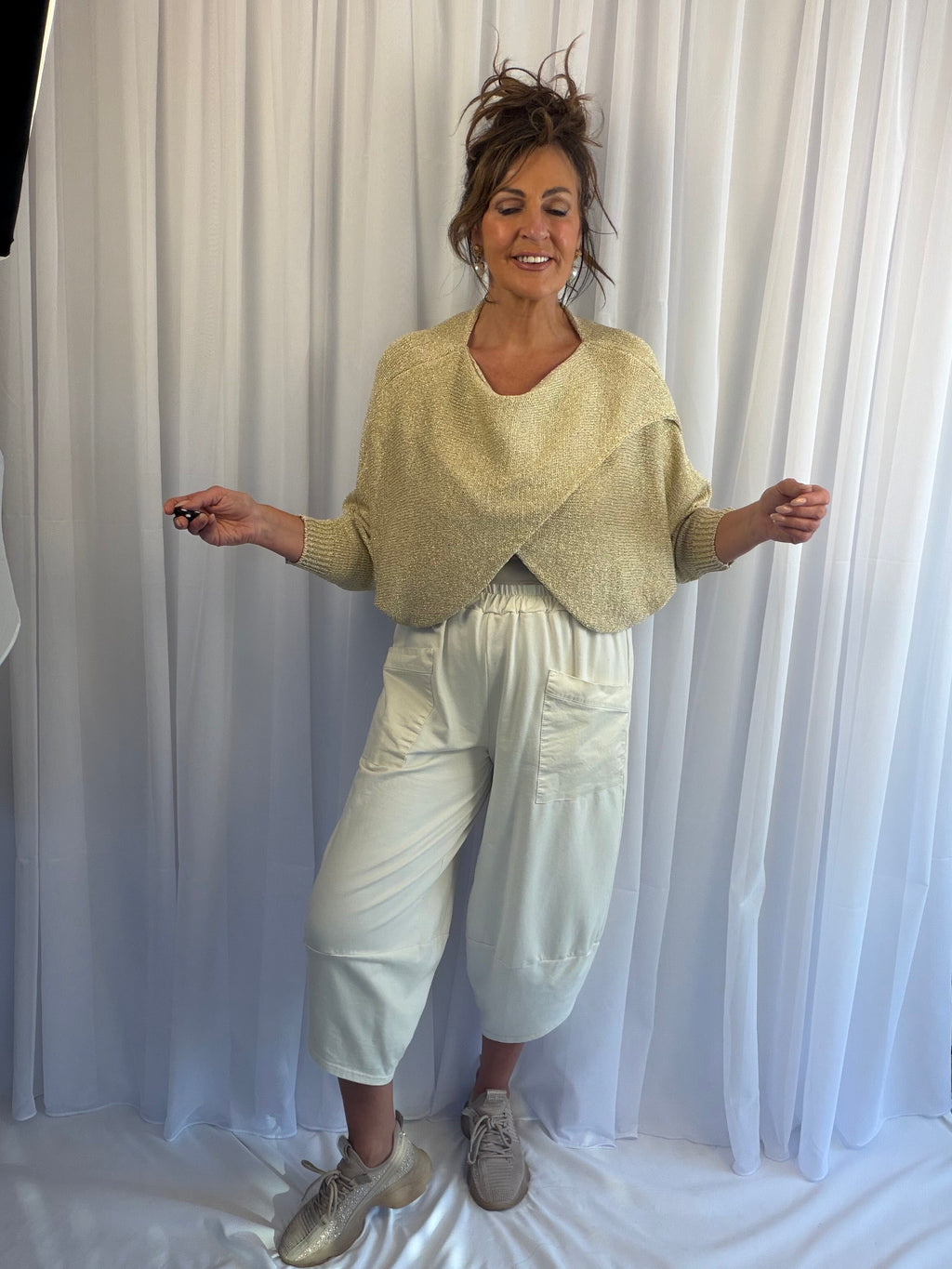Gold luxe cross over knit