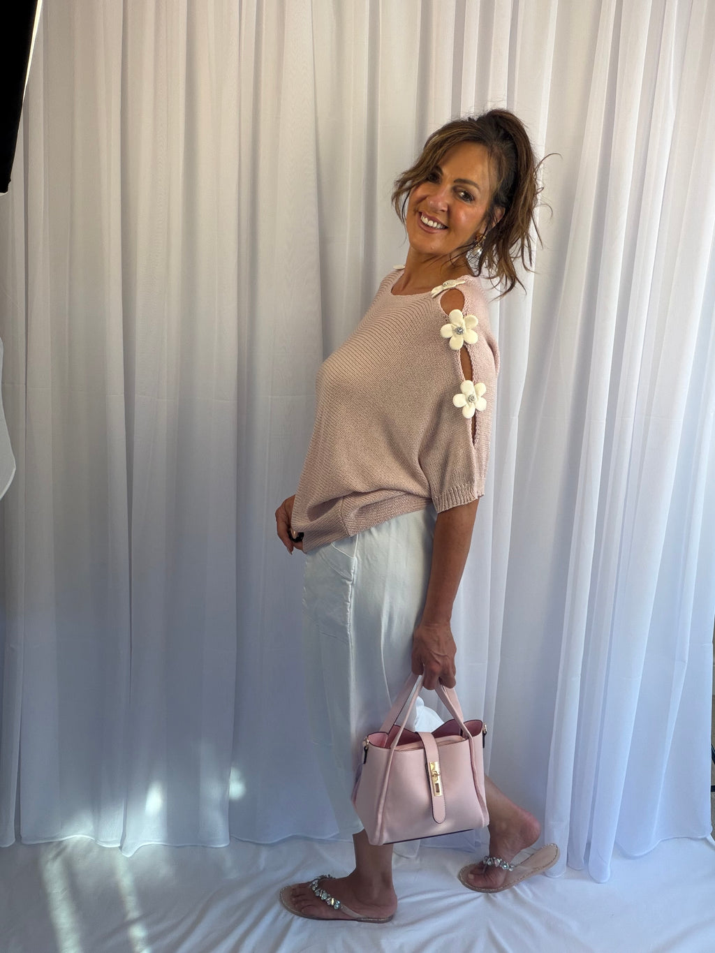 Daisy diamante luxe khaki or pink Cold-shoulder knit