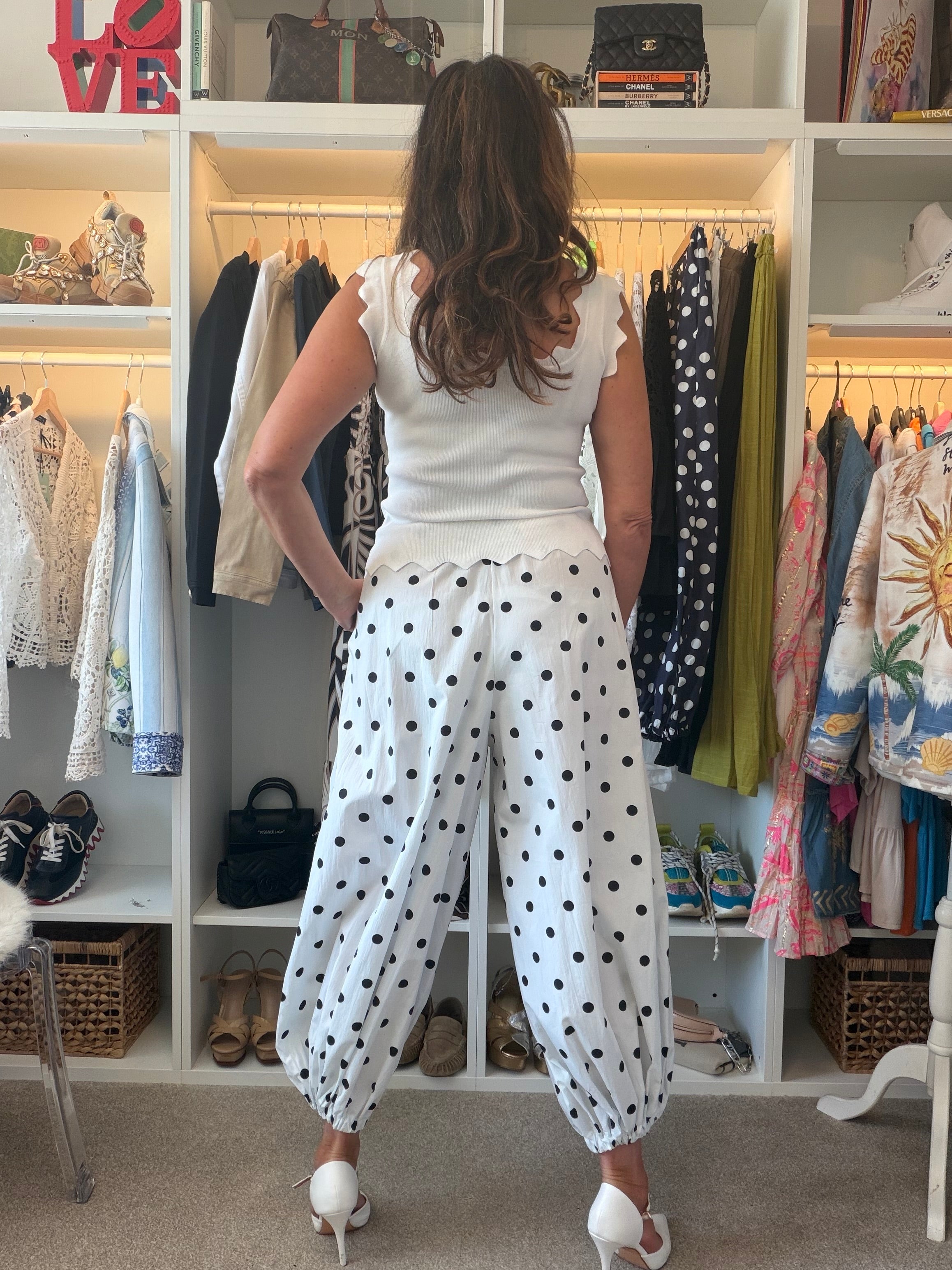 DOTTY blue polka dot trousers and white polka dots! From the Santorini collection.