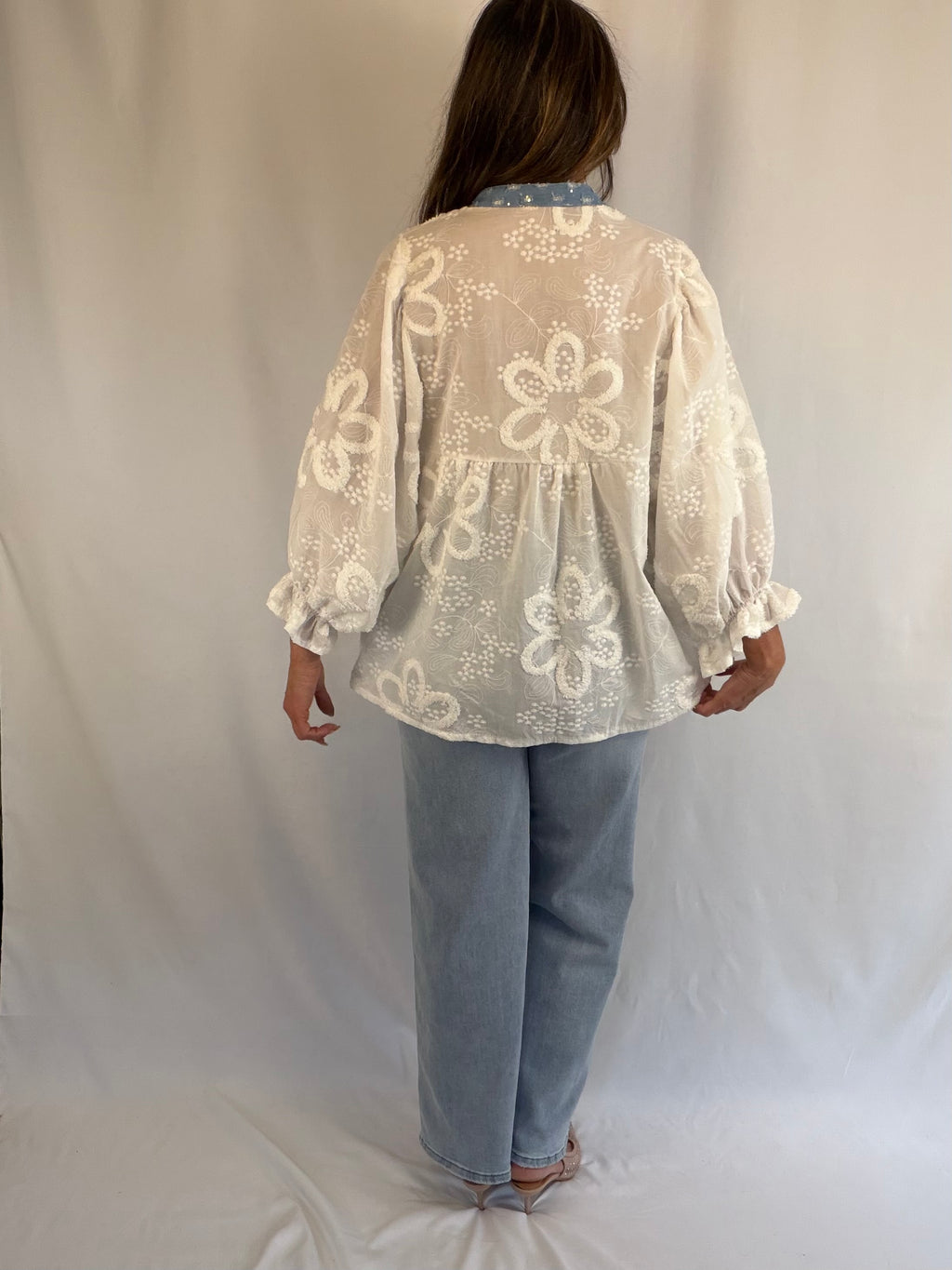 White batwing blouse (with denim and sequin detail)