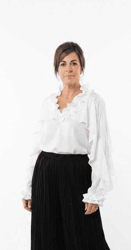 Santorini elegant white ruffle long sleeve blouse