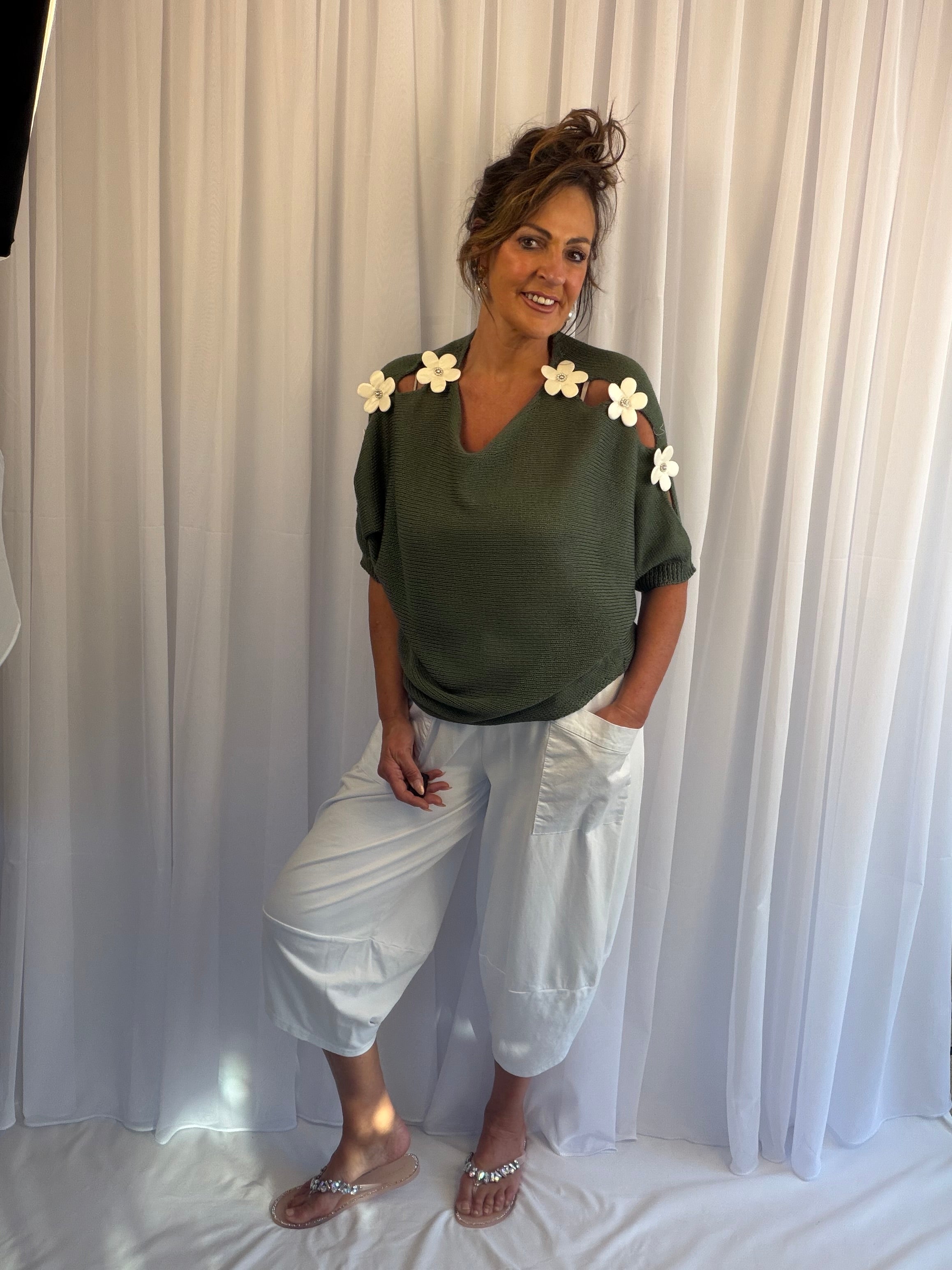 Daisy diamante luxe khaki or pink Cold-shoulder knit