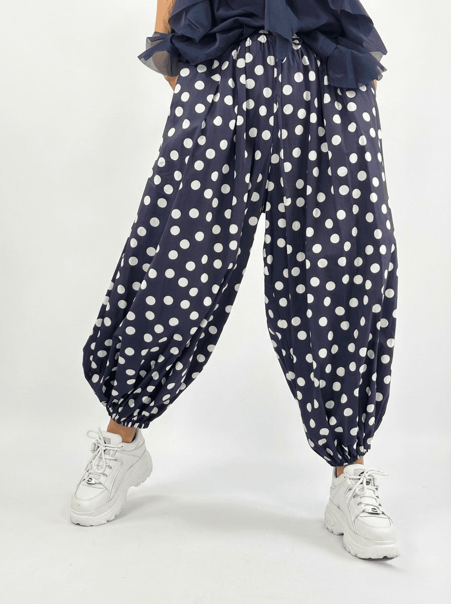 DOTTY blue polka dot trousers and white polka dots! From the Santorini collection.