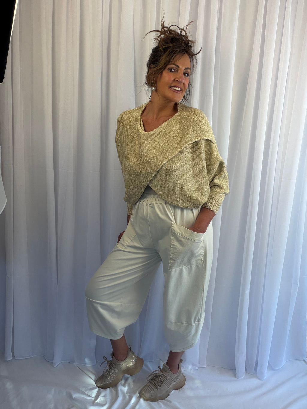 Gold luxe cross over knit