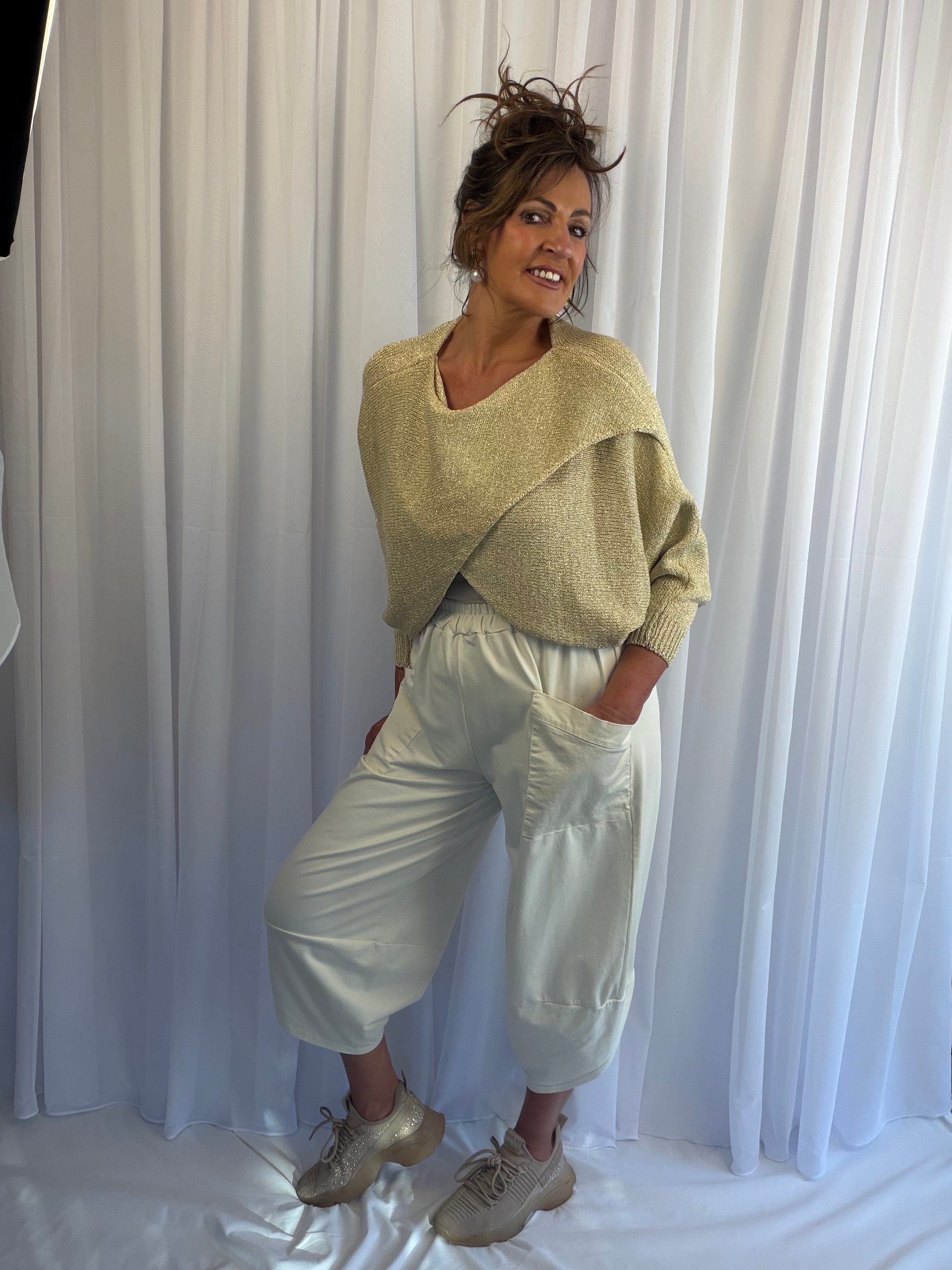 Gold luxe cross over knit