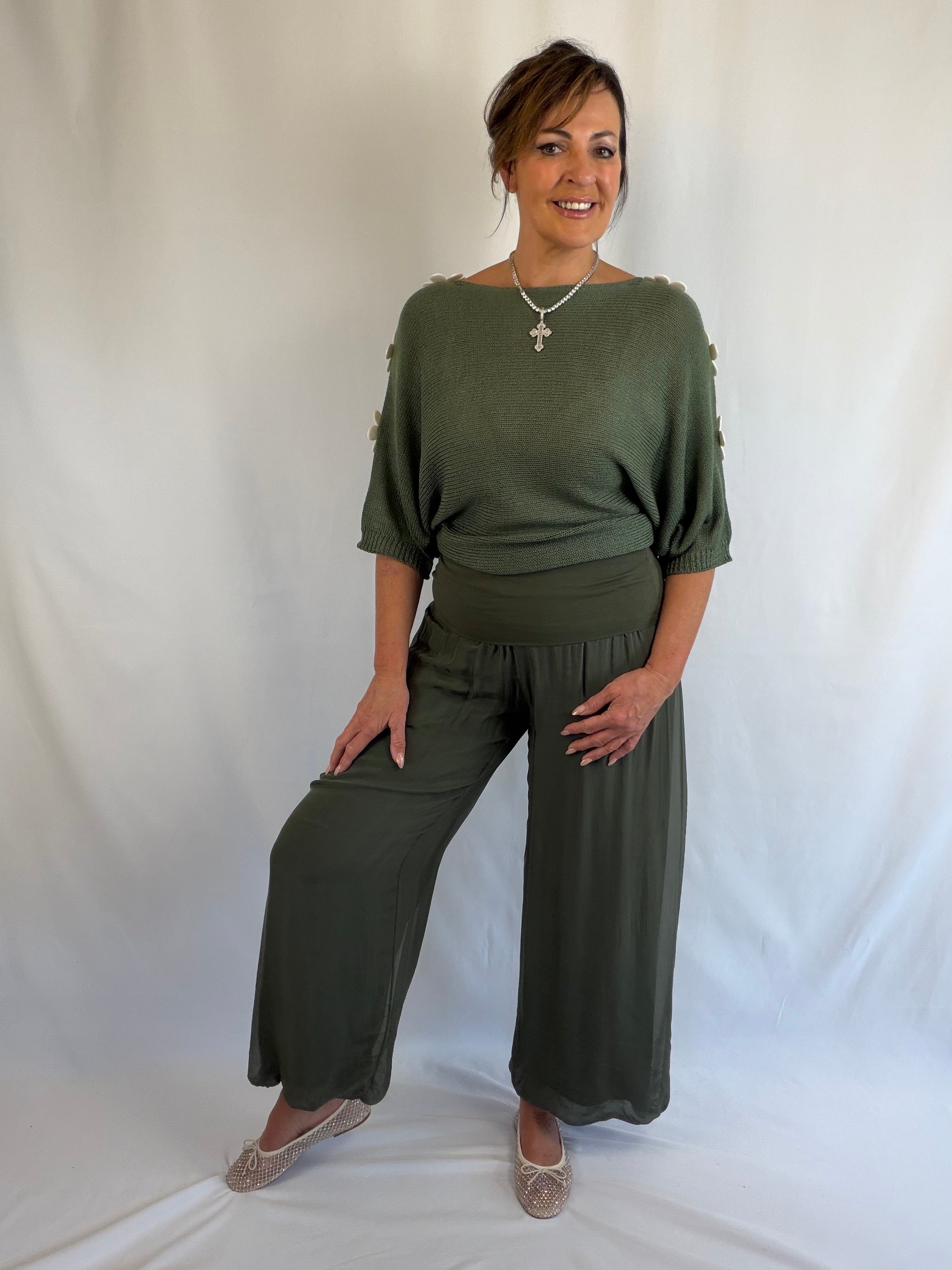 Daisy diamante luxe khaki or pink Cold-shoulder knit