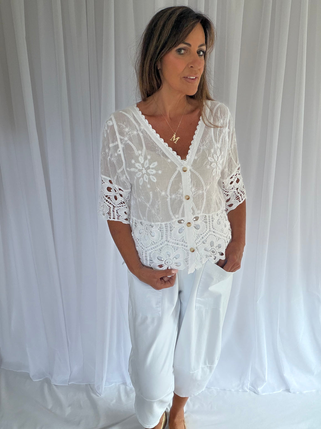Olivia broderie anglais button down top