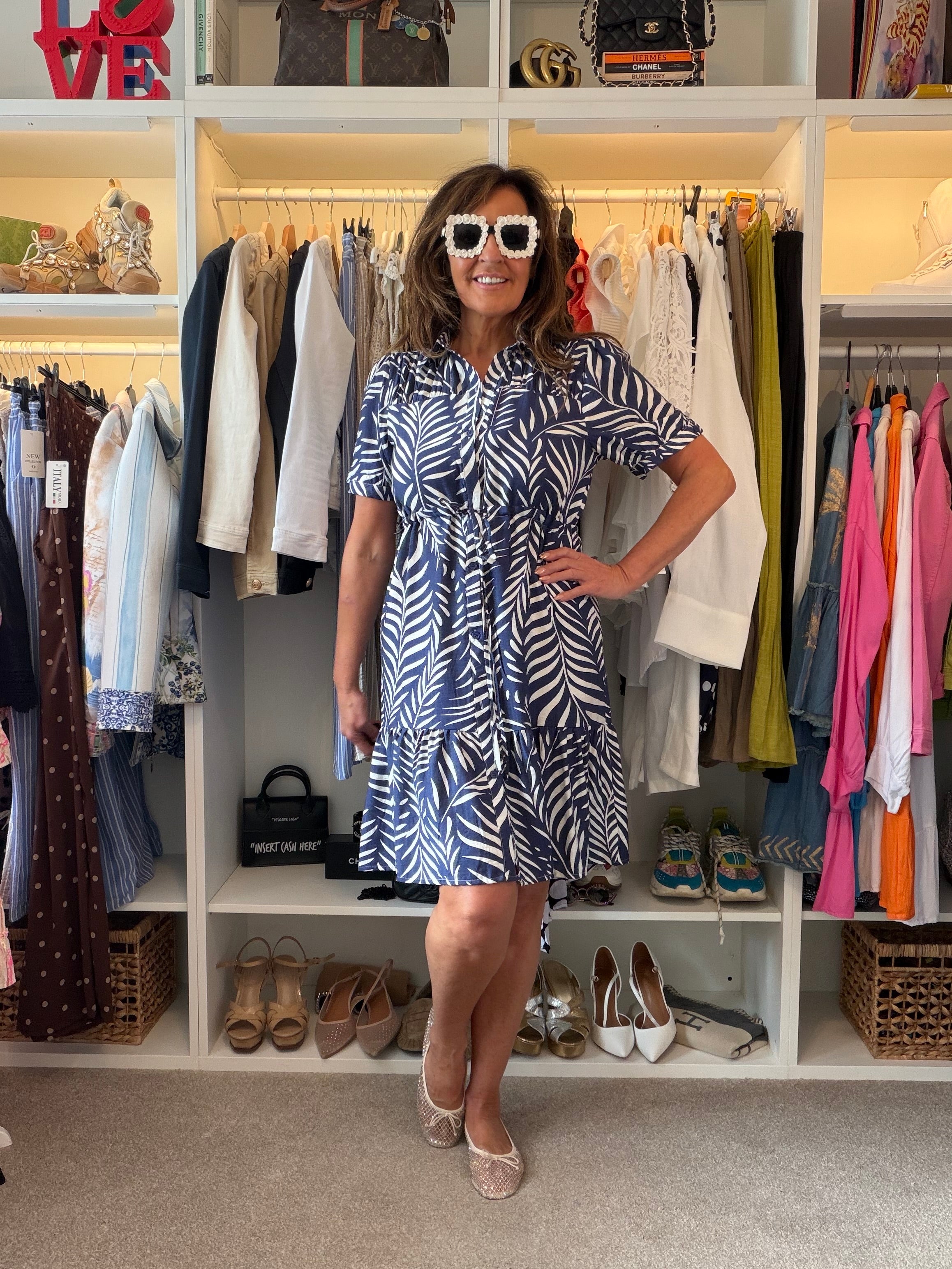 Azure Palm leaf shirt dress