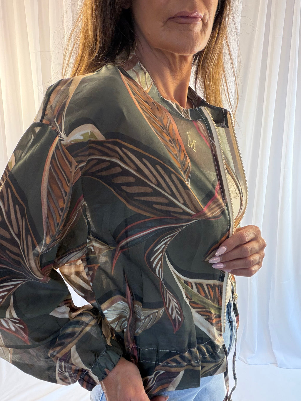 Tropical palm leaf bomber jacket