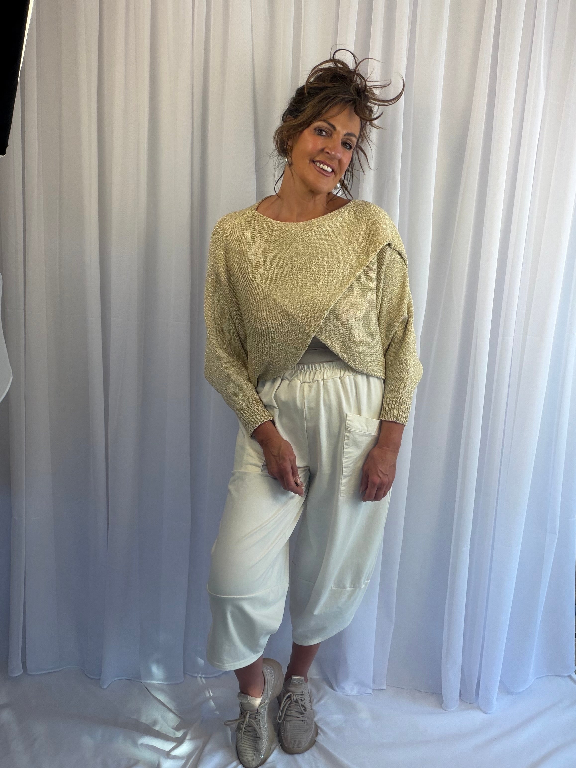 Gold luxe cross over knit