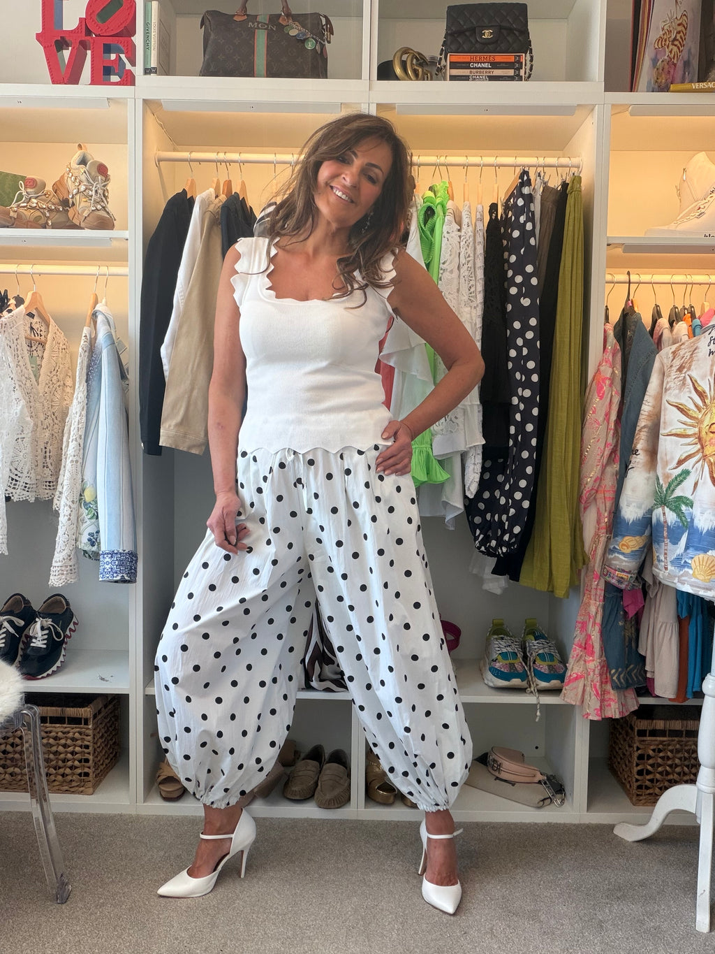 DOTTY blue polka dot trousers and white polka dots! From the Santorini collection.