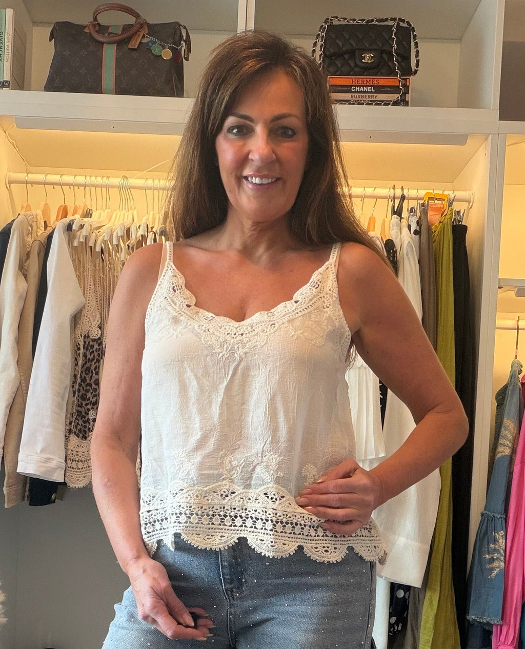 Lace trim boho cami top (white or cream)