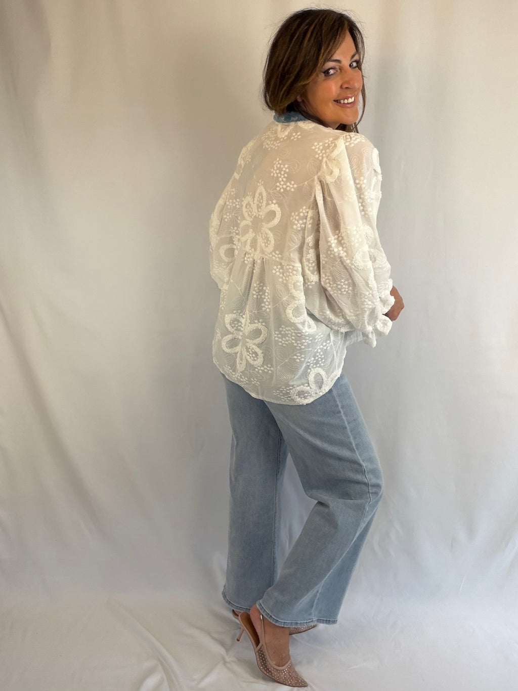 White batwing blouse (with denim and sequin detail)