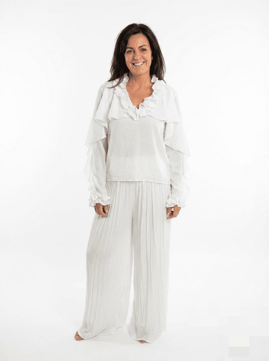 Santorini elegant white ruffle long sleeve blouse