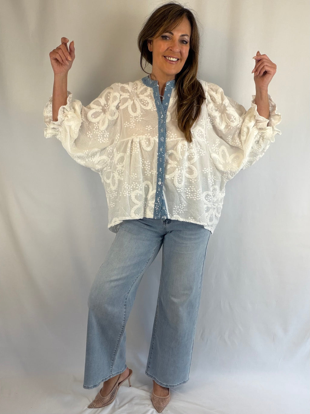White batwing blouse (with denim and sequin detail)