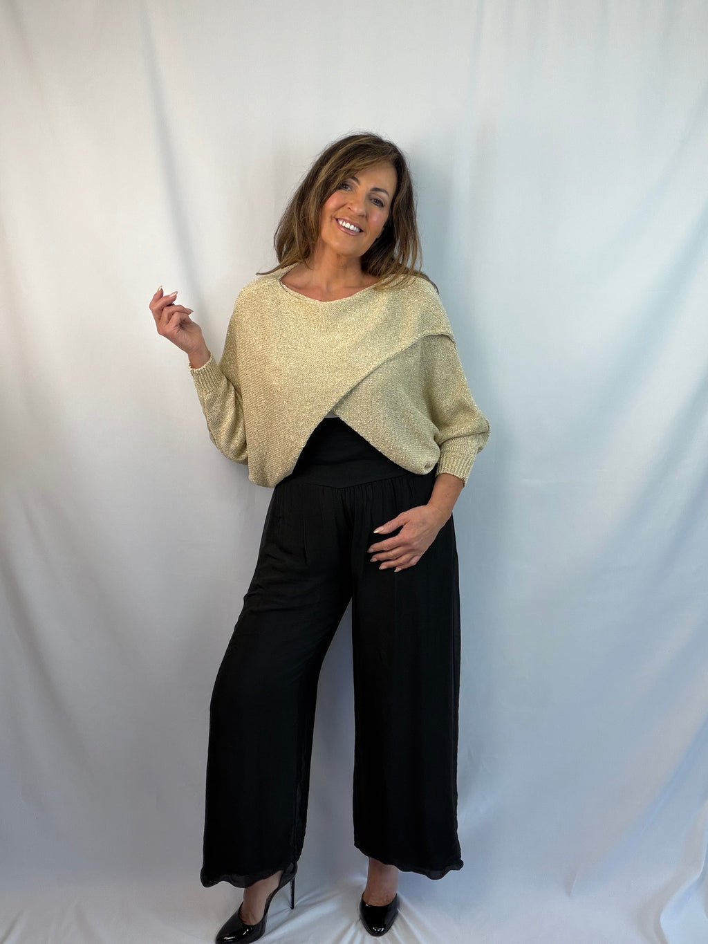 Gold luxe cross over knit