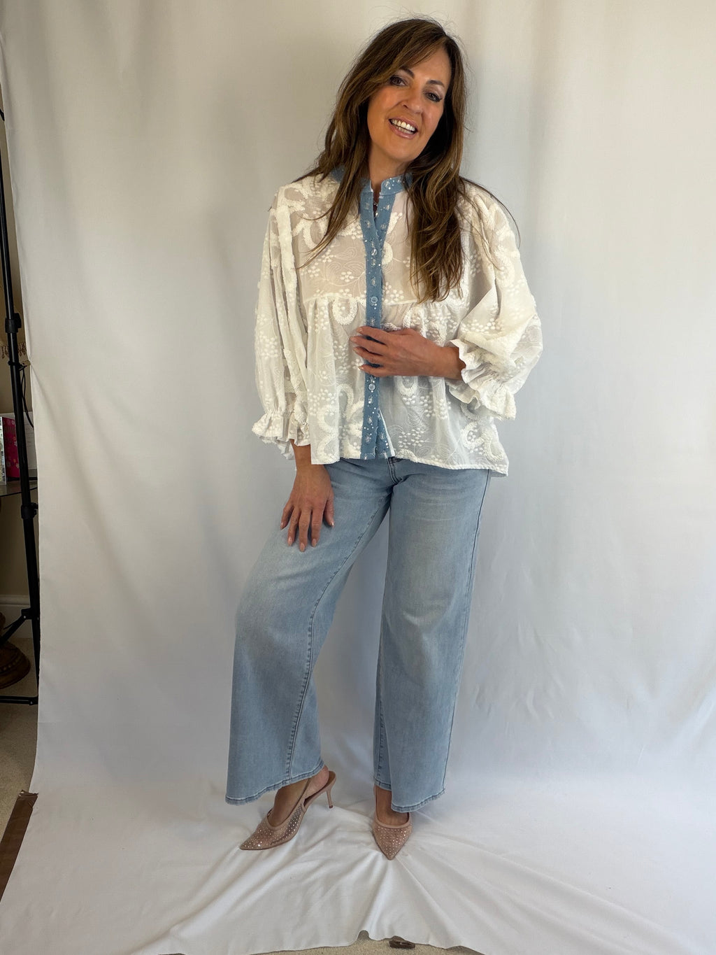 White batwing blouse (with denim and sequin detail)