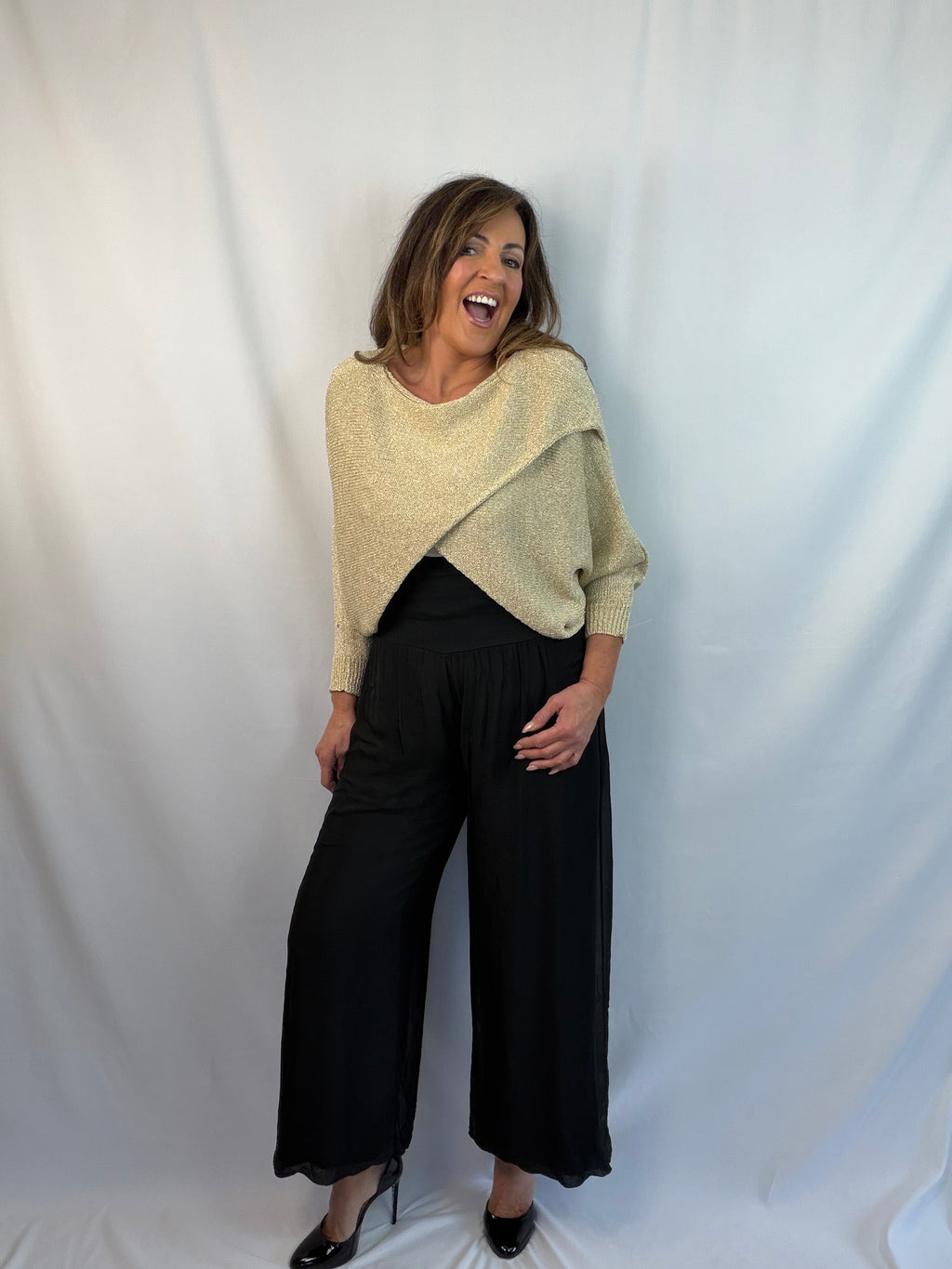 Gold luxe cross over knit