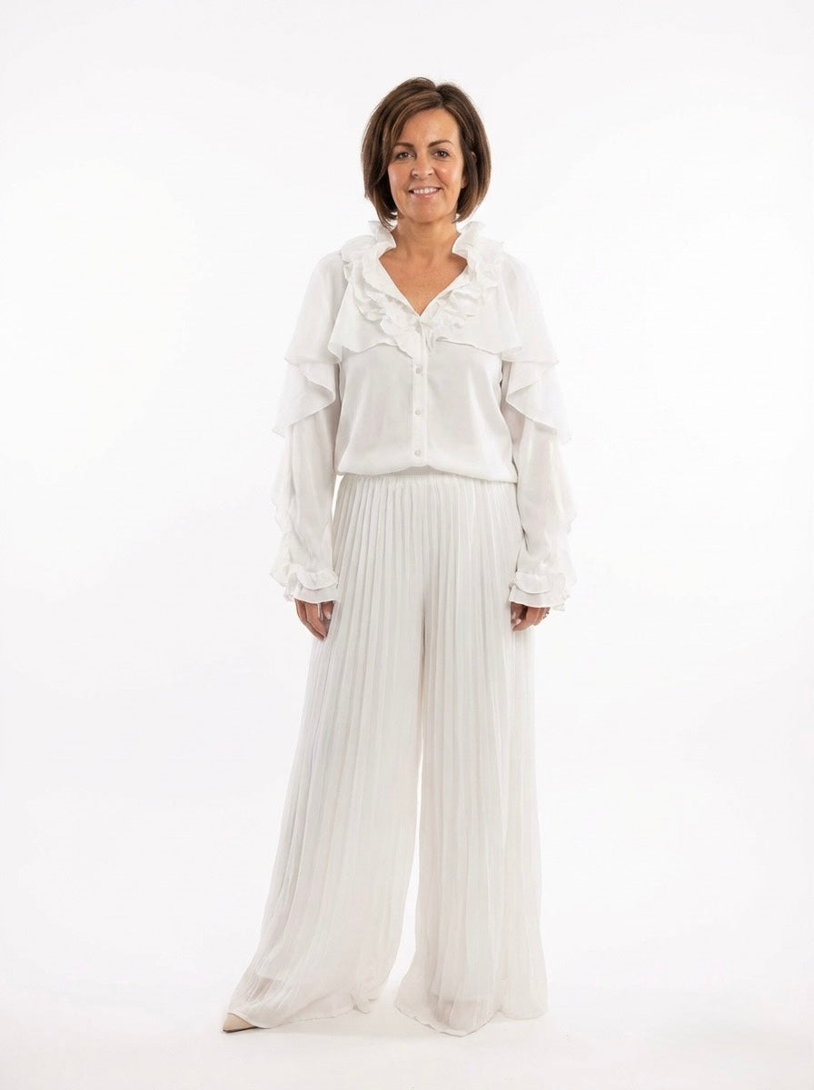 Santorini elegant white ruffle long sleeve blouse