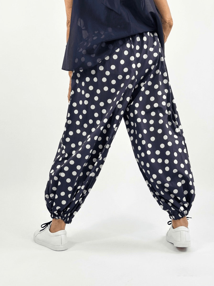 DOTTY blue polka dot trousers and white polka dots! From the Santorini collection.