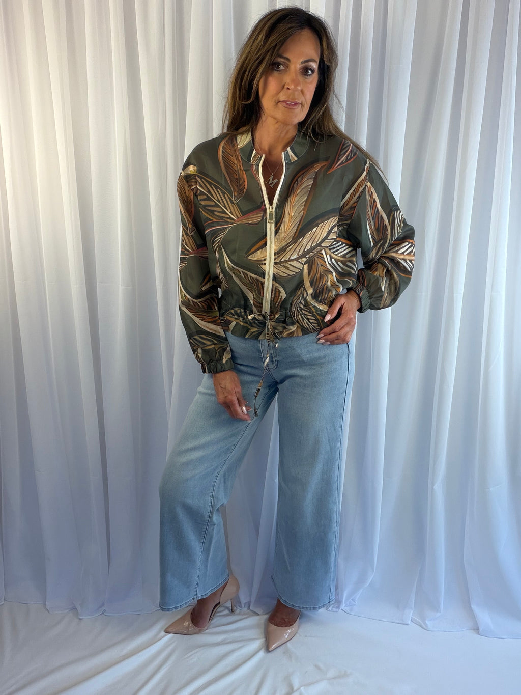 Tropical palm leaf bomber jacket