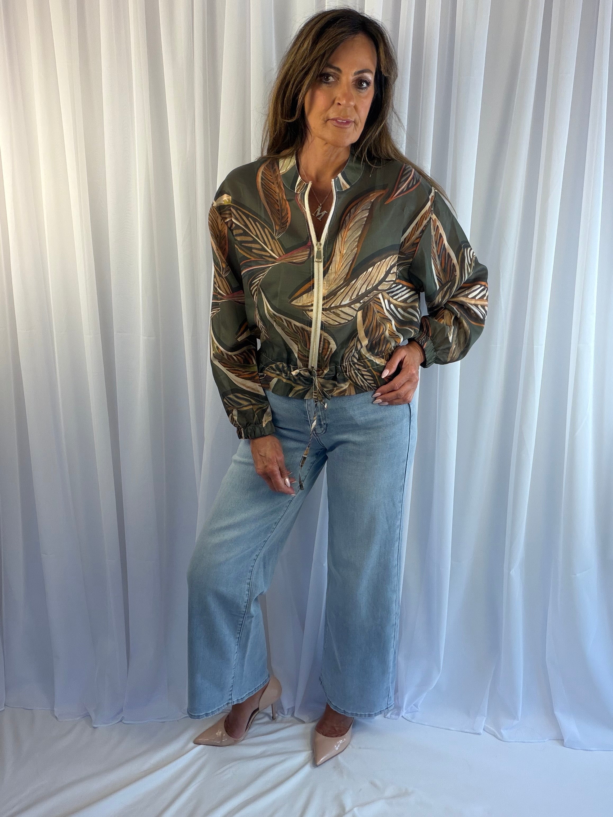 Tropical palm leaf bomber jacket