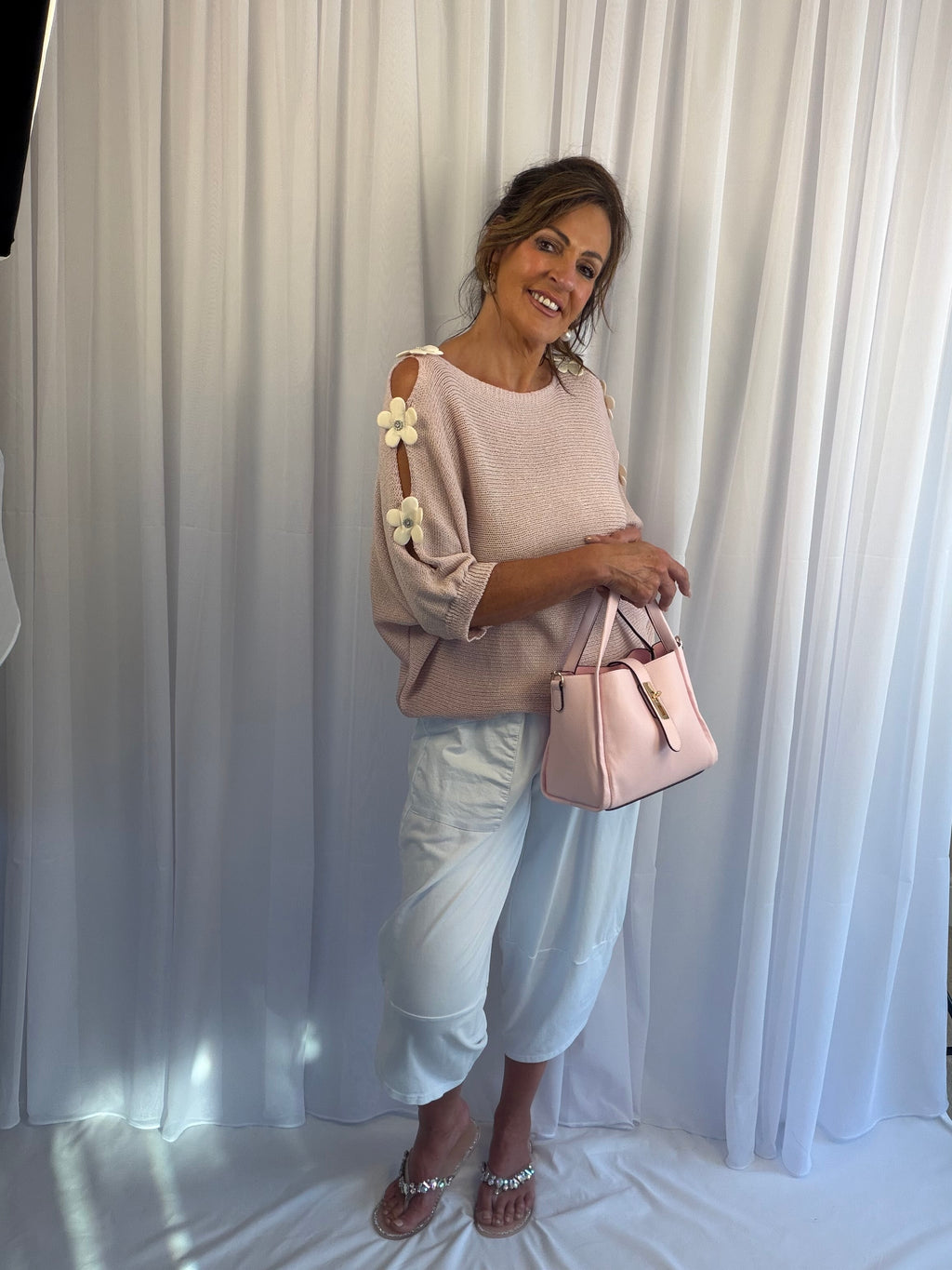 Daisy diamante luxe khaki or pink Cold-shoulder knit