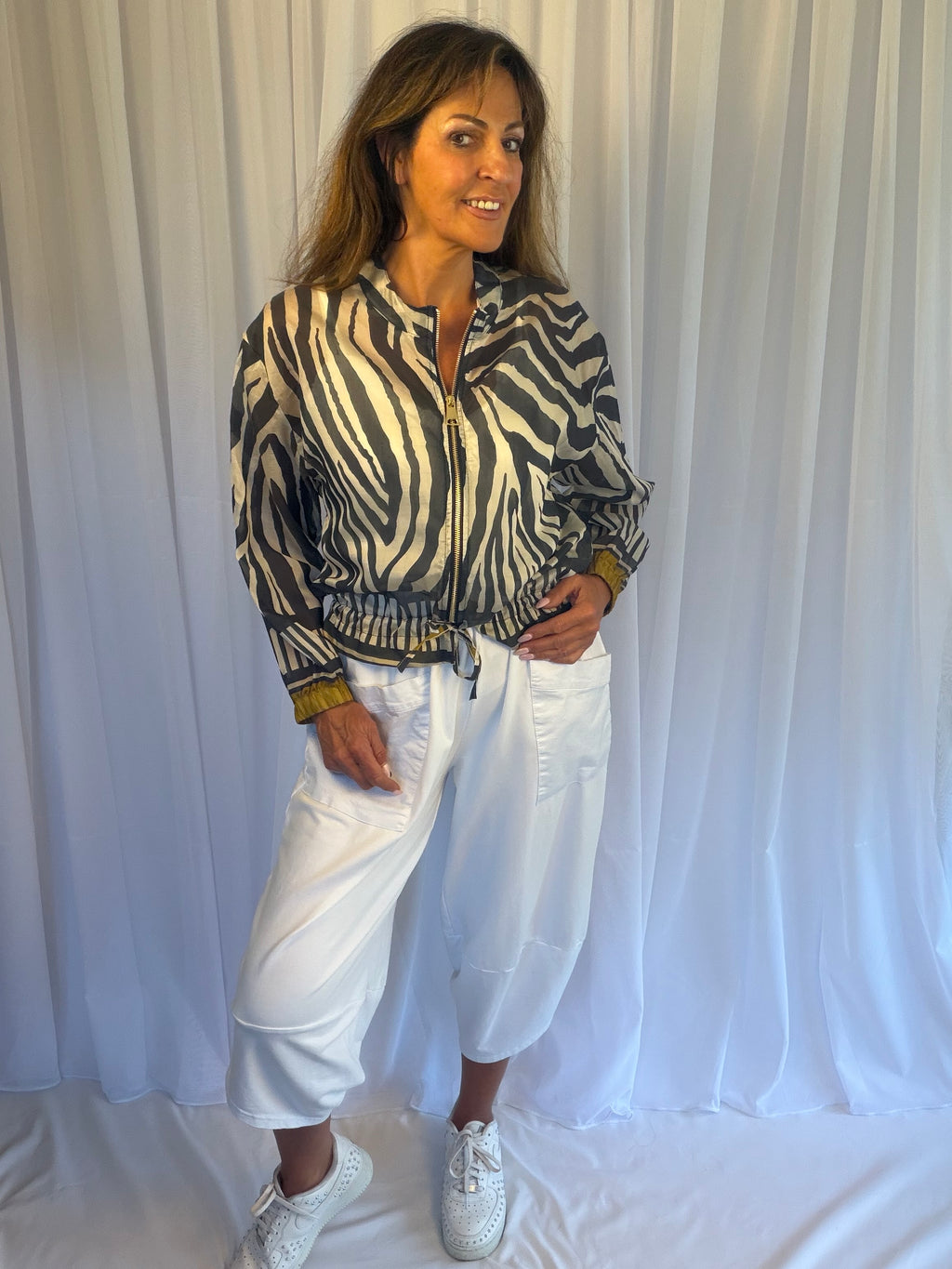 Zebra print bomber jackets