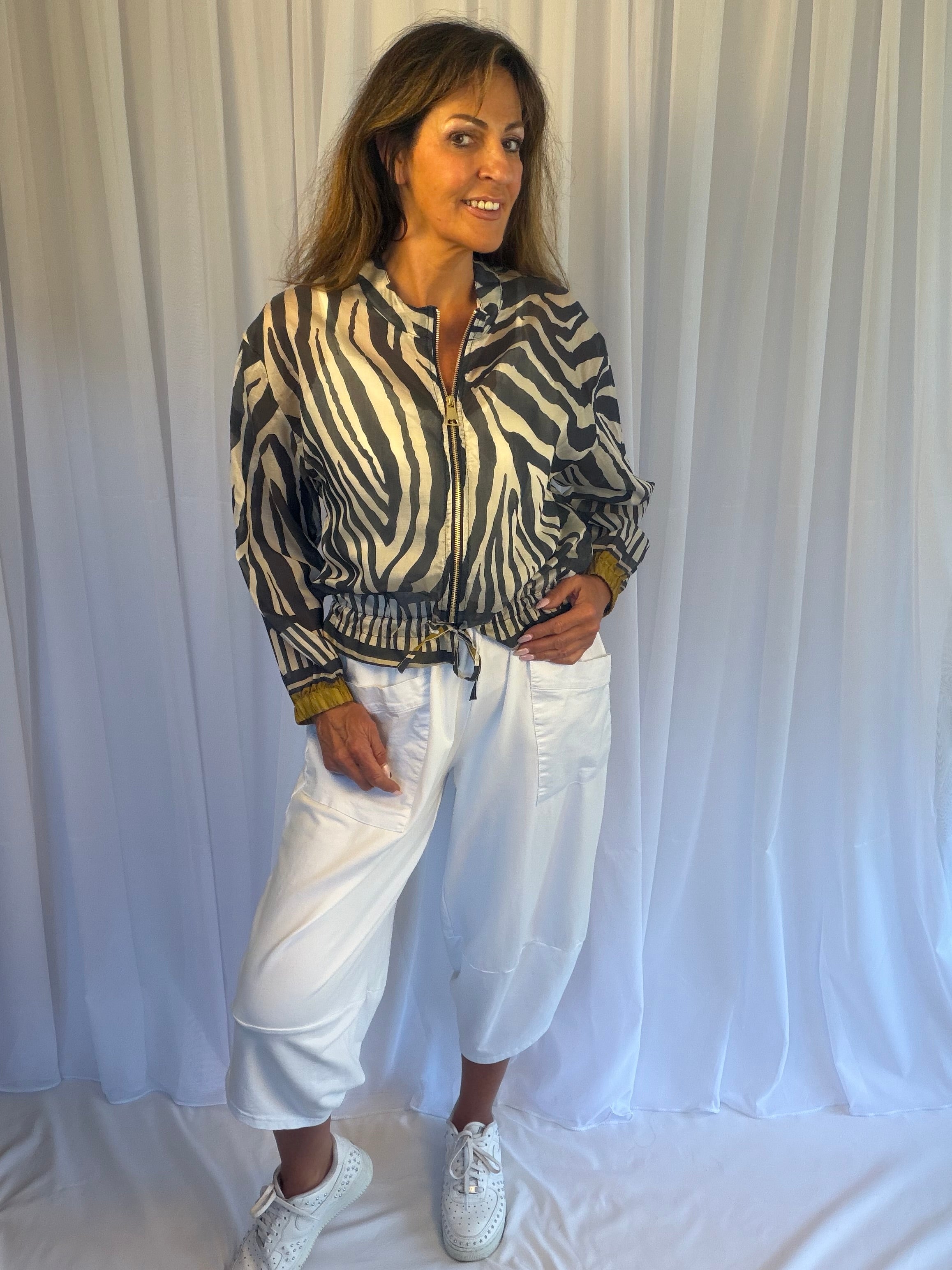 Zebra print bomber jackets
