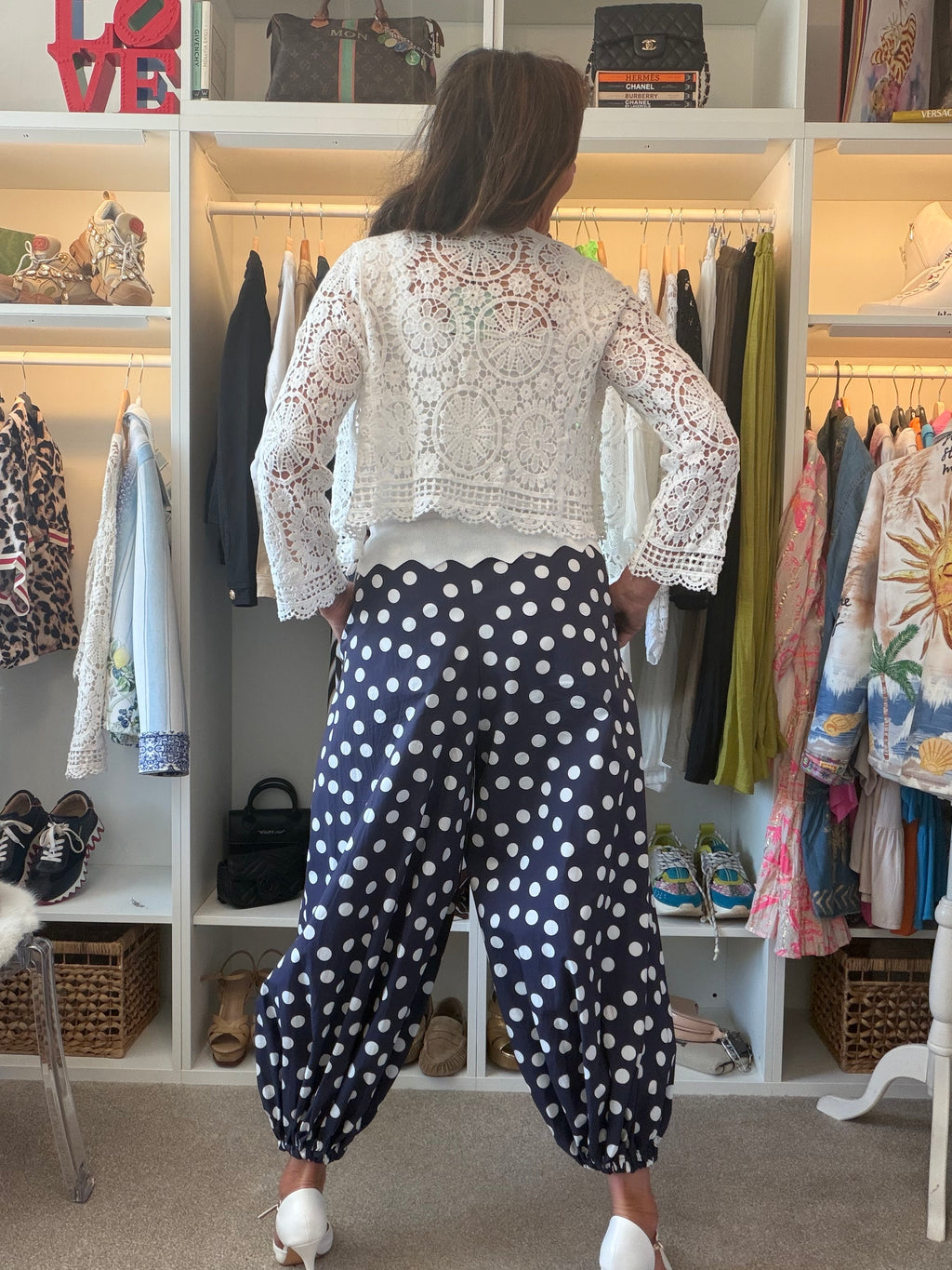 DOTTY blue polka dot trousers and white polka dots! From the Santorini collection.