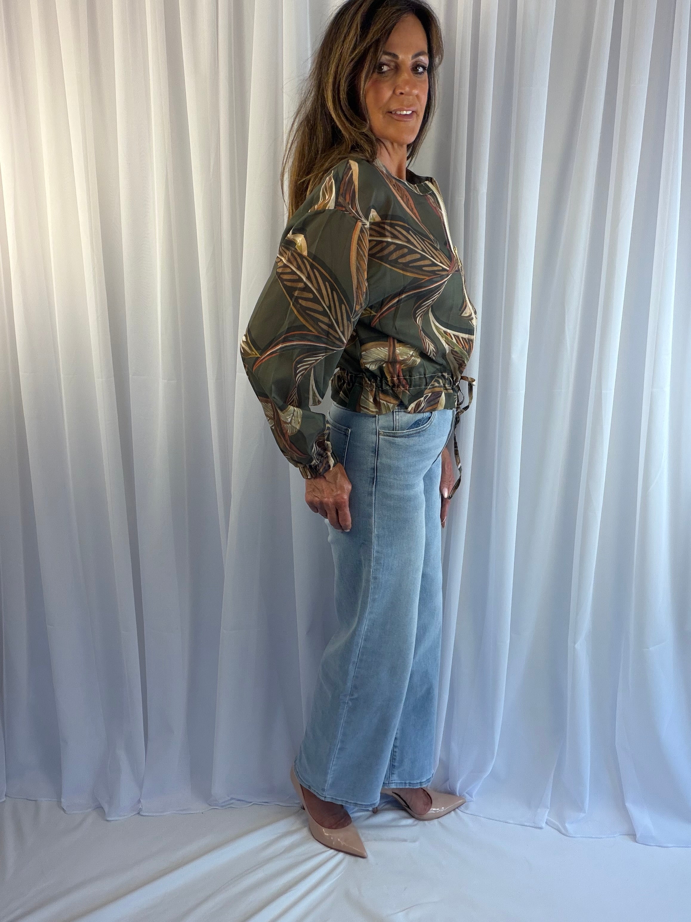 Tropical palm leaf bomber jacket