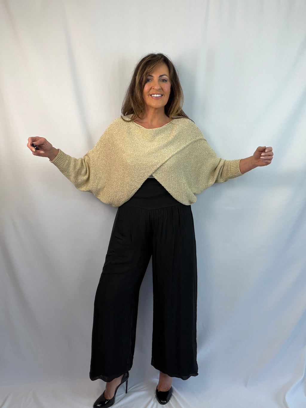 Gold luxe cross over knit
